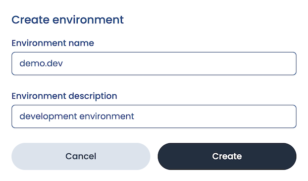 Environment creation screen with fields for name and description